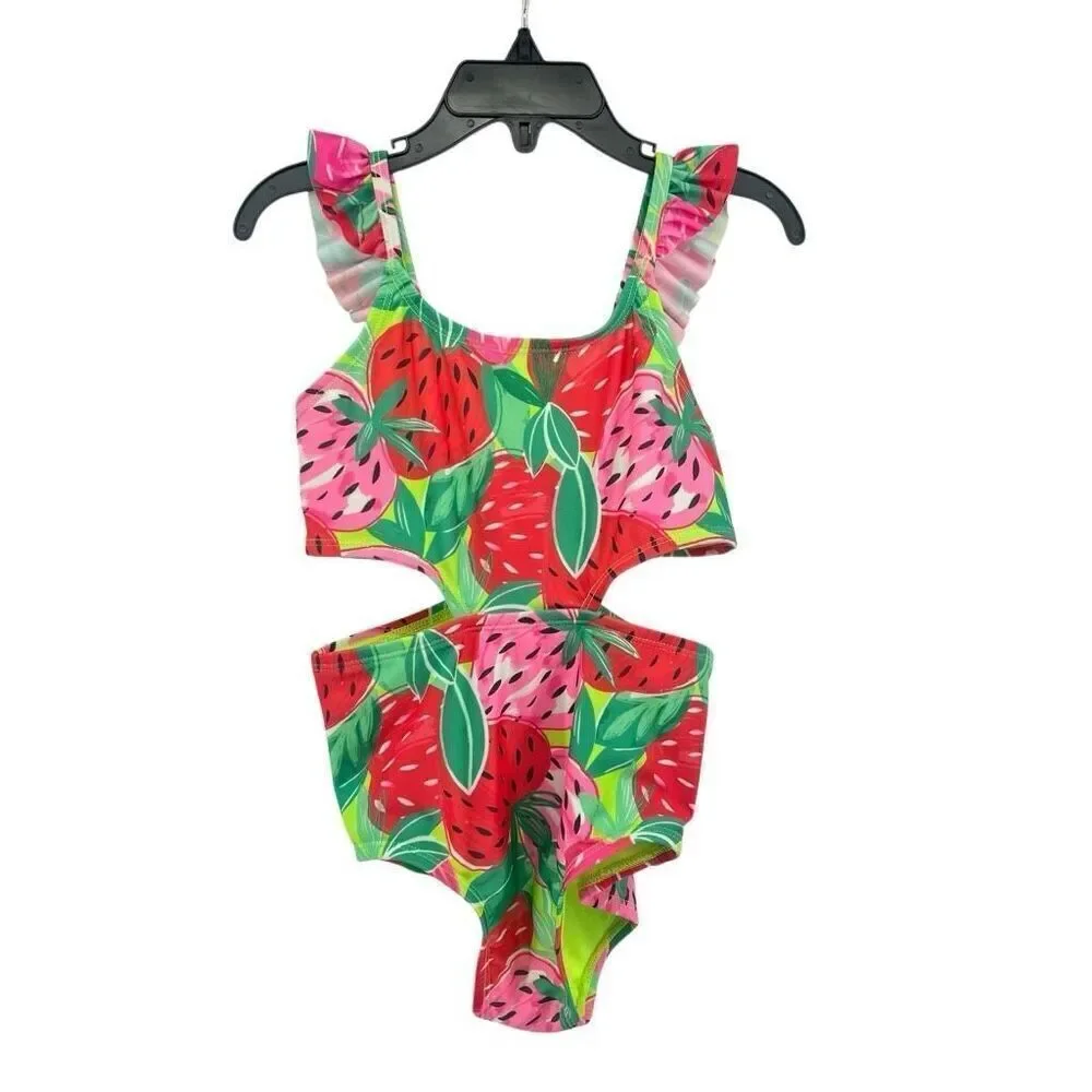 Cat & Jack Girls Pink Sweet Strawberry Print Ruffle Strap Cutout Swimsuit XS 4/5